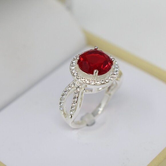 Charter Club Silver Plated Pave &‎ Red Crystal Halo Statement Ring 5 - Picture 1 of 6
